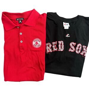 2 Boston Red Sox Polo & T-Shirt LARGE Mens Majestic Antigua Graphic Baseball MLB
